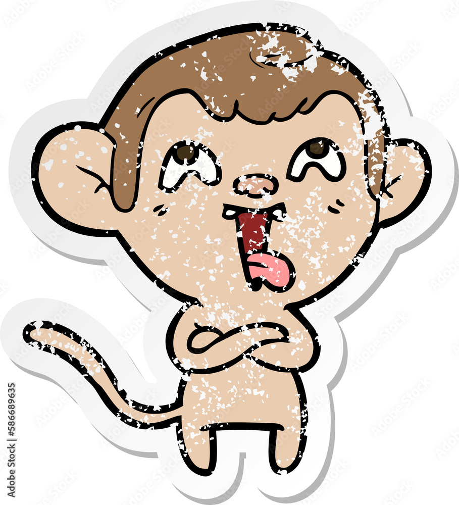 distressed sticker of a crazy cartoon monkey distressed sticker of a crazy cartoon monkey