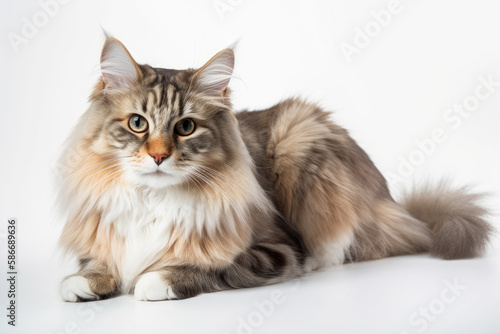 Norwegian Forest Cat On White Background. Generative AI