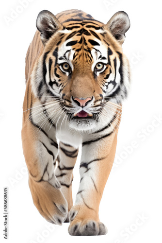 an isolated bengal tiger front view  walking towards  stalking prey  fierce jungle-themed photographic illustration on a transparent background in PNG  Generative AI