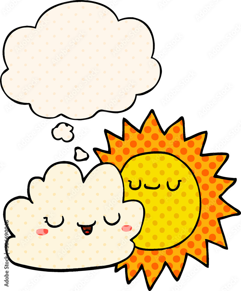 cartoon sun and cloud and thought bubble in comic book style
