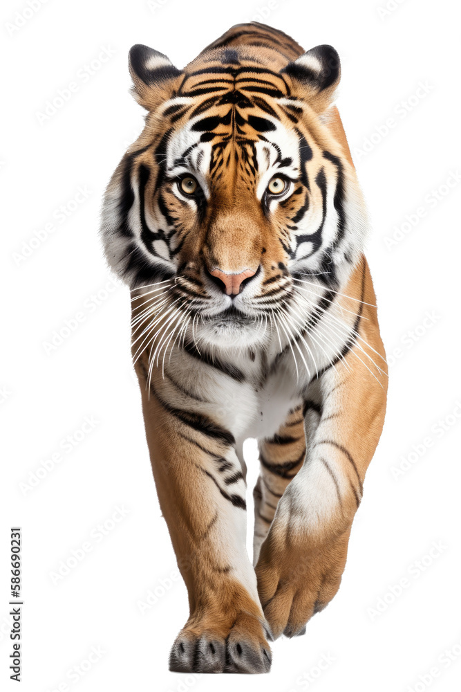 an isolated bengal tiger front view, walking towards, stalking prey, fierce jungle-themed photographic illustration on a transparent background in PNG, Generative AI