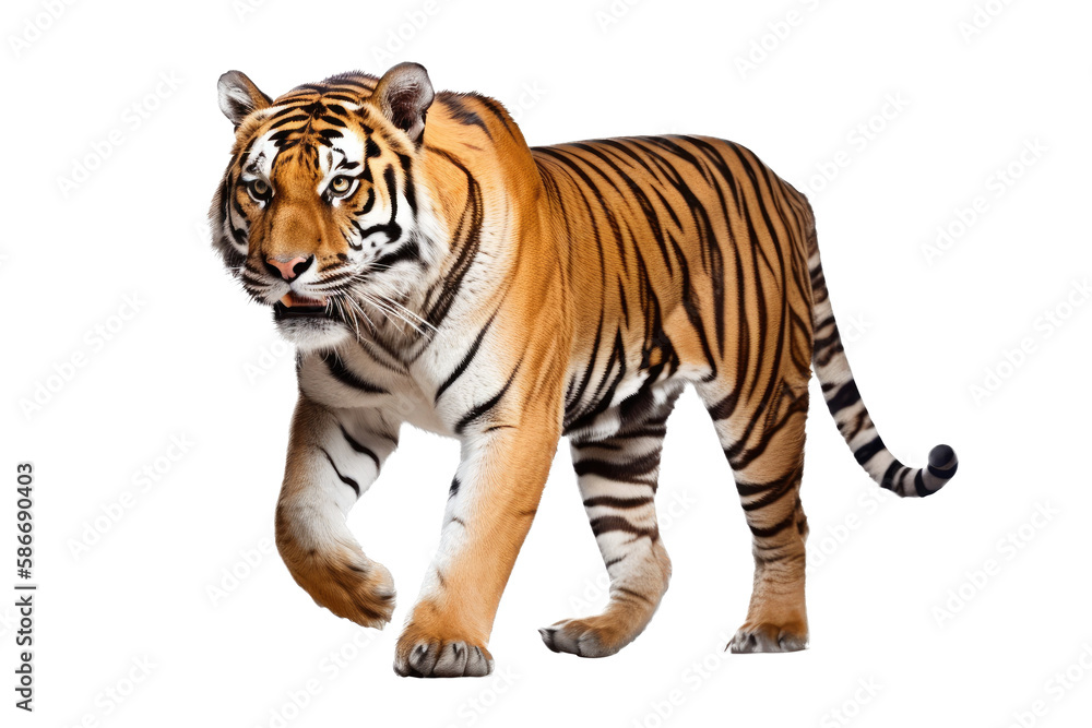 Obraz premium an isolated Bengal tiger side view, walking towards, stalking prey, fierce jungle-themed photographic illustration on a transparent background in PNG. Generative AI