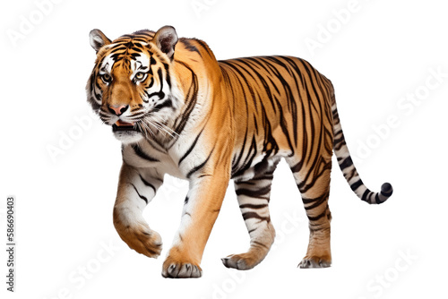 an isolated Bengal tiger side view  walking towards  stalking prey  fierce jungle-themed photographic illustration on a transparent background in PNG. Generative AI