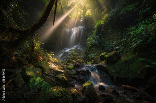 A dramatic  cascading waterfall in a lush  tropical rainforest  with vibrant flora and the faint glow of a rainbow in the mist.