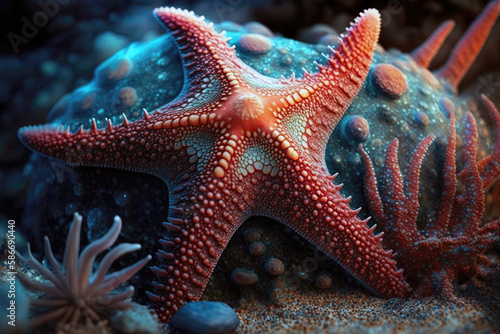 Vibrant Blue Sea Star With Spiky Arms. Generative AI