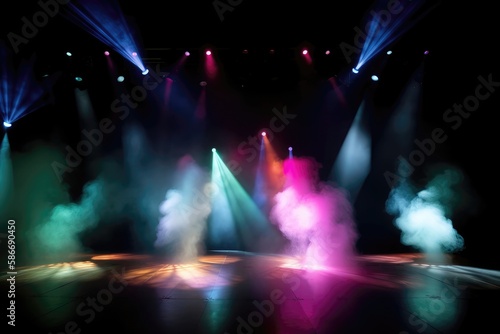 Vivid Spotlights Shine On The Stage With Smoke. Generative AI