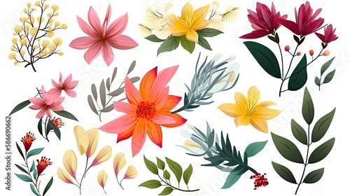 A collection of colorful spring flowers with floral branches  leaves  and foliage. Isolated on a white background. Generative AI