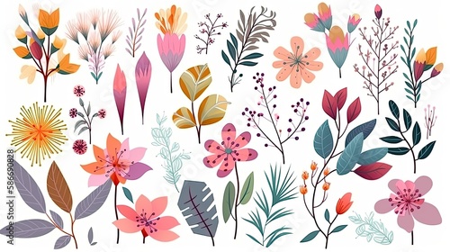 A collection of colorful spring flowers with floral branches, leaves, and foliage. Isolated on a white background. Generative AI