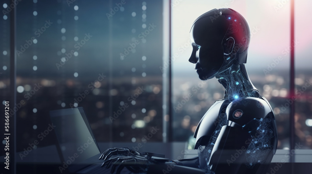 Robot humanoid using laptop in office.generative ai Robot humanoid using laptop in office.generative ai
