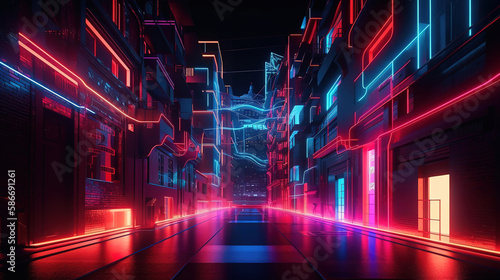 red blue neon city, background with geometric shapes and glowing lights. Generative Ai