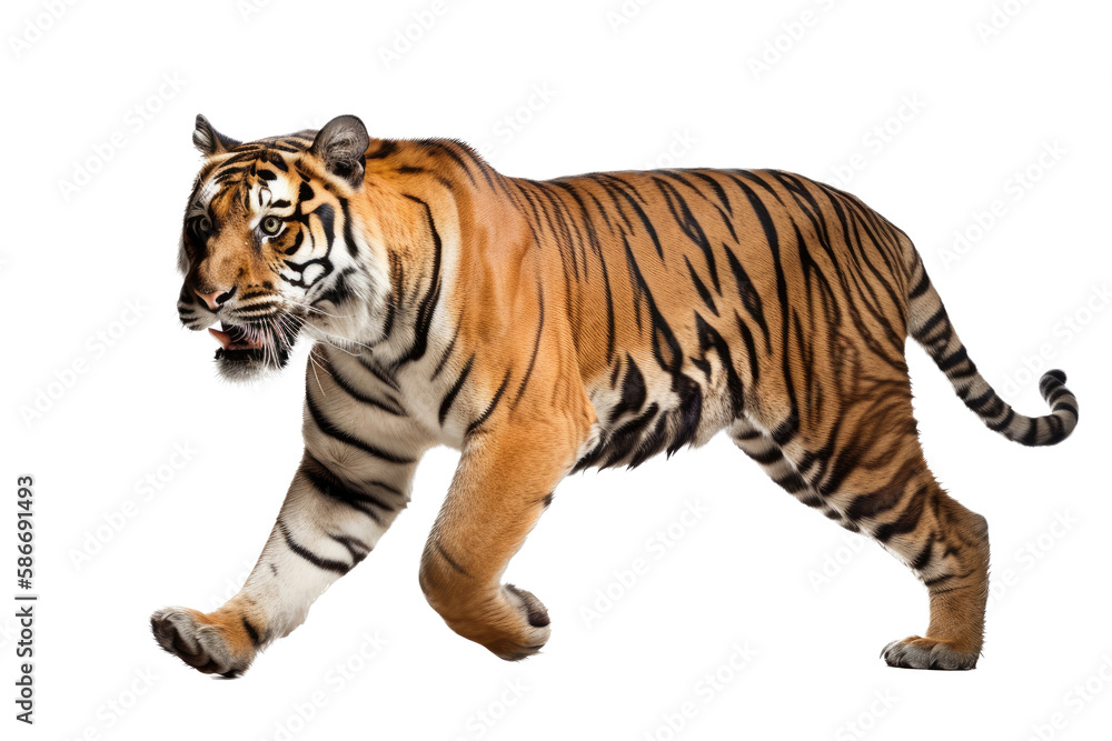 an isolated Bengal tiger side view, walking towards, stalking prey, fierce jungle-themed photographic illustration on a transparent background in PNG. Generative AI