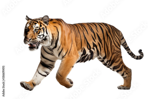 an isolated Bengal tiger side view  walking towards  stalking prey  fierce jungle-themed photographic illustration on a transparent background in PNG. Generative AI