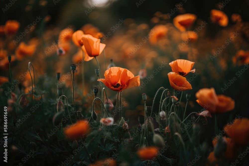 Wildflowers Poppies background. Generative AI