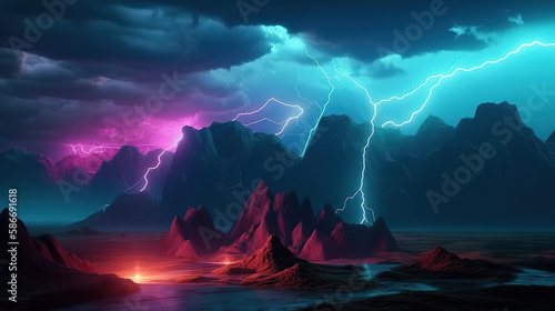stormy clouds  lightning and rocky mountains at night  Bright color. Generative Ai