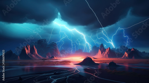 Abstract landscape background with glowing neon bolt symbol. Generative Ai