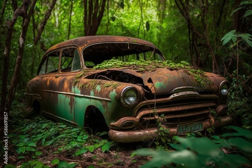 Abandoned car in the jungle, Generative AI © LAYHONG