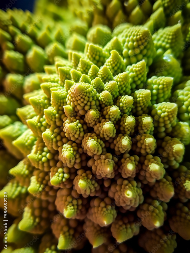 Extreme close up of fresh green romanesco broccoli showing texture detail of healthy vegetable brassica oleracea. Generative AI Extreme close up of fresh green romanesco broccoli showing texture detail of healthy vegetable brassica oleracea. Generative AI