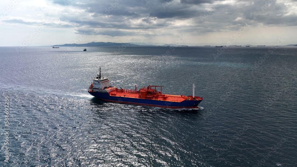 Aerial drone photo of industrial LPG tanker cruising deep blue Mediterranean sea