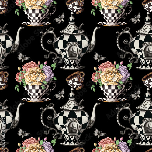 Alice in Wonderland cute watercolor objects set seamless pattern AI generated photo