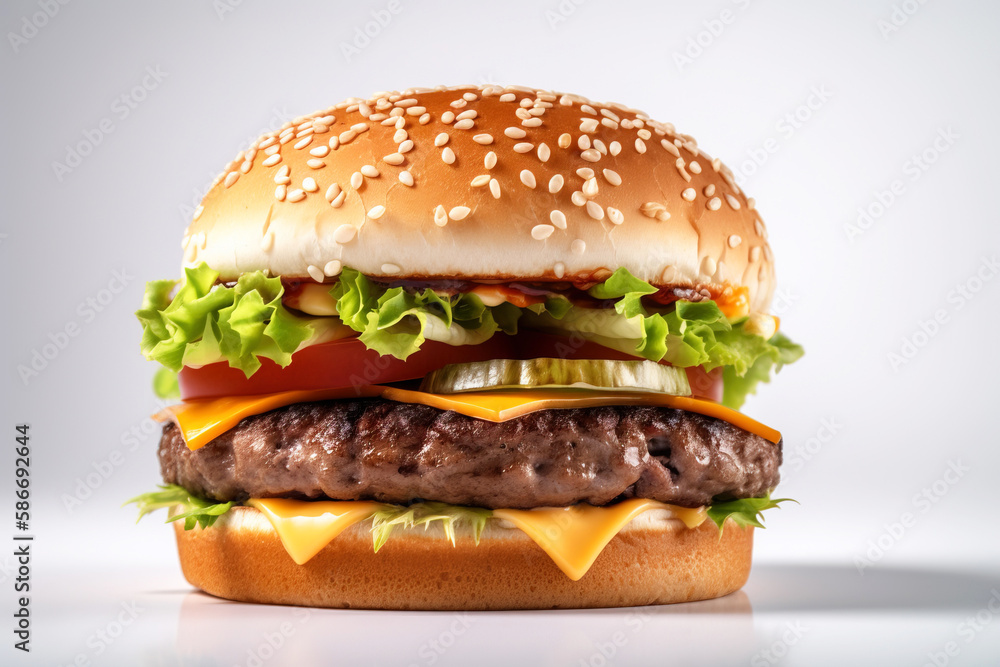 Delicious fresh burger with beef and pork cutlet, melted cheese and tomato on a white background, isolate. AI generated. Delicious fresh burger with beef and pork cutlet, melted cheese and tomato on a white background, isolate. AI generated.