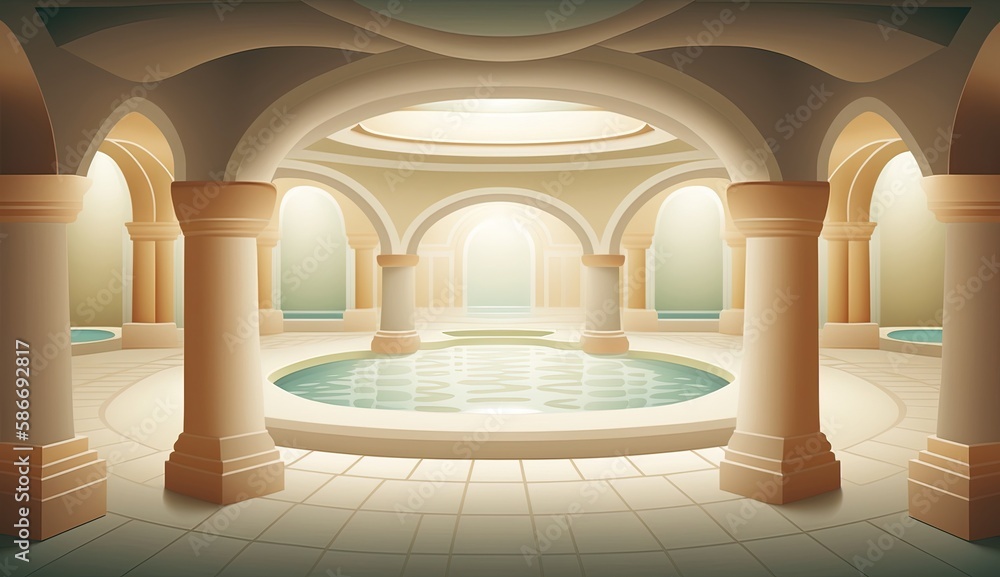 Elegant luxury royal wellness bathtub spa interior, poster for spa center or roman bath in cartoon style. Generative Ai.