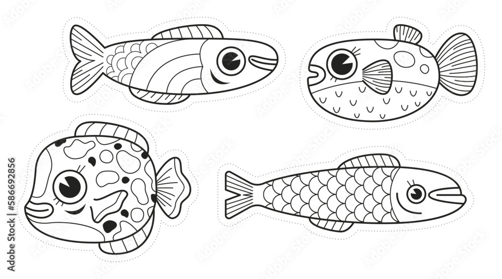 Collection de jolis poissons dessinés au trait, en noir et banc, coloriage et découpage, blague du poisson d'avril pour les enfants, sardine et poisson globe Collection de jolis poissons dessinés au trait, en noir et banc, coloriage et découpage, blague du poisson d'avril pour les enfants, sardine et poisson globe