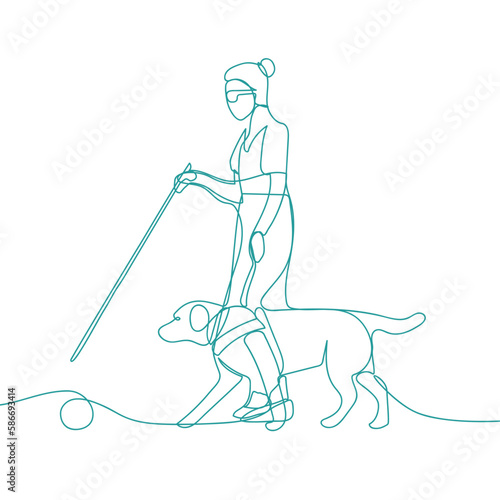 Continuous line drawing of blind person with a guide dog. Pet care and friendship concept. Professional  guide dog one line drawing.