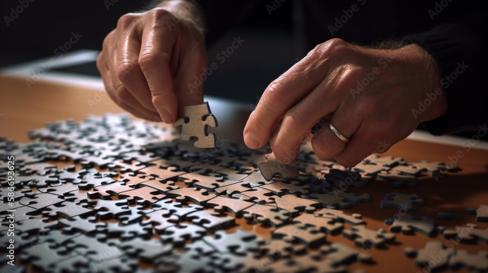 Close up of woman's hand connecting jigsaw puzzle pieces at table.generative ai Close up of woman's hand connecting jigsaw puzzle pieces at table.generative ai