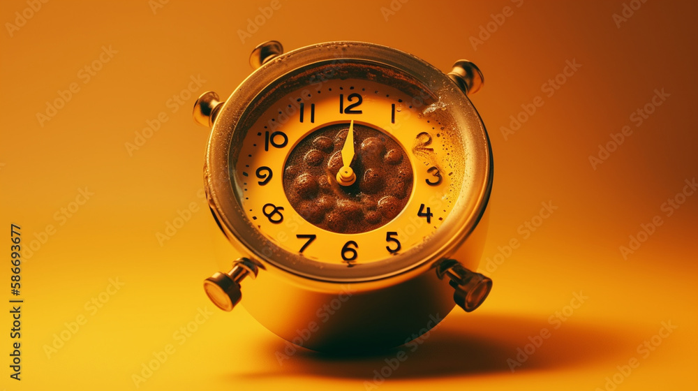 Cup of coffee with coffee beans and clock on orange background.generative ai