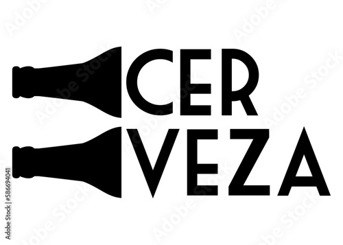 Logo cervecería. Letras palabra cerveza en texto en español con forma de botella de cerveza