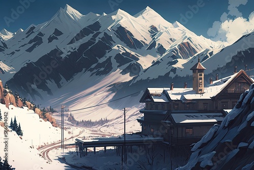 Snowy Mountain Range With A Ski Resort. Generative AI