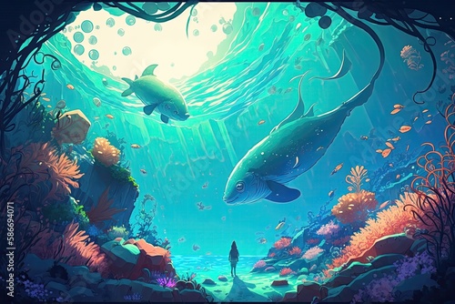 Vast Underwater World With Marine Life. Generative AI © Ян Заболотний