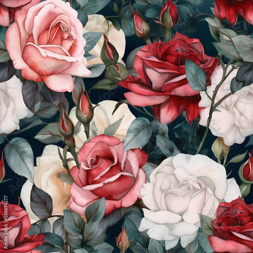 Seamless water colour pink and white roses with green / bluish leaves.  Tile Pattern on a dark background