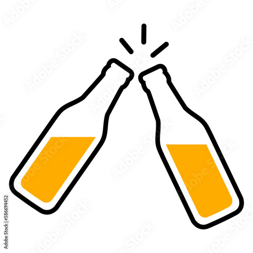 Logo cervecería. Brindis de dos botellas de cerveza con gotas
