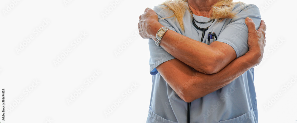 unrecognizable nurse lady gives herself a hug. Nursing love. Nurse day