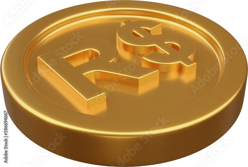 Golden Brazilian Real coin 3d render illustration	 photo