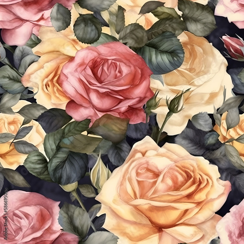 Seamless water colour pink and peach roses and green / blue leaves.  Tile Pattern on a dark background