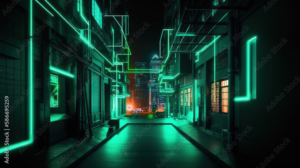 Fototapeta premium 3d render, abstract concept of the urban street at night. Generative Ai