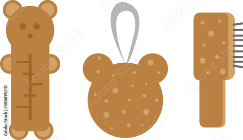 Set of kids bathroom accessories. Vector illustrations. Hairbrush, thermometer, washcloth