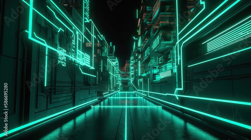 green neon background with geometric shapes, Bright color. Generative Ai