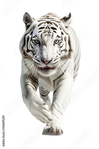 an isolated white tiger front-view portrait, jungle-themed photorealistic illustration on a transparent background cutout in PNG, Generative AI
