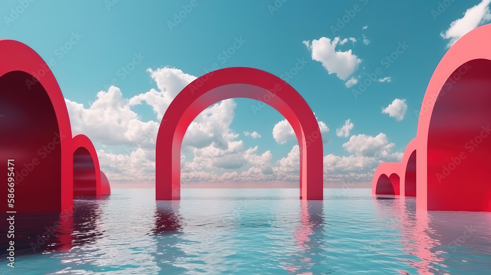 3d render, surreal seascape with red arches. Generative Ai