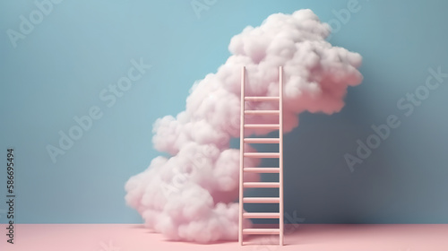 3d render, white fluffy cloud above the blue ladder. Generative Ai
