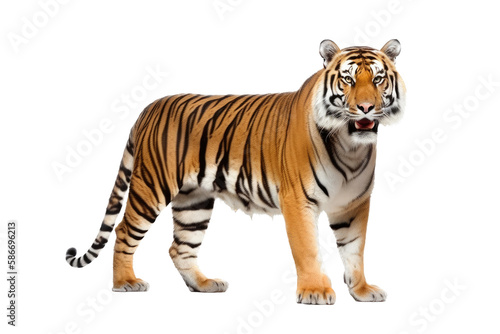 an isolated Bengal tiger walking side view  majestic  stalking prey  fierce jungle-themed photorealistic illustration on a transparent background in PNG. horizontal. Generative AI