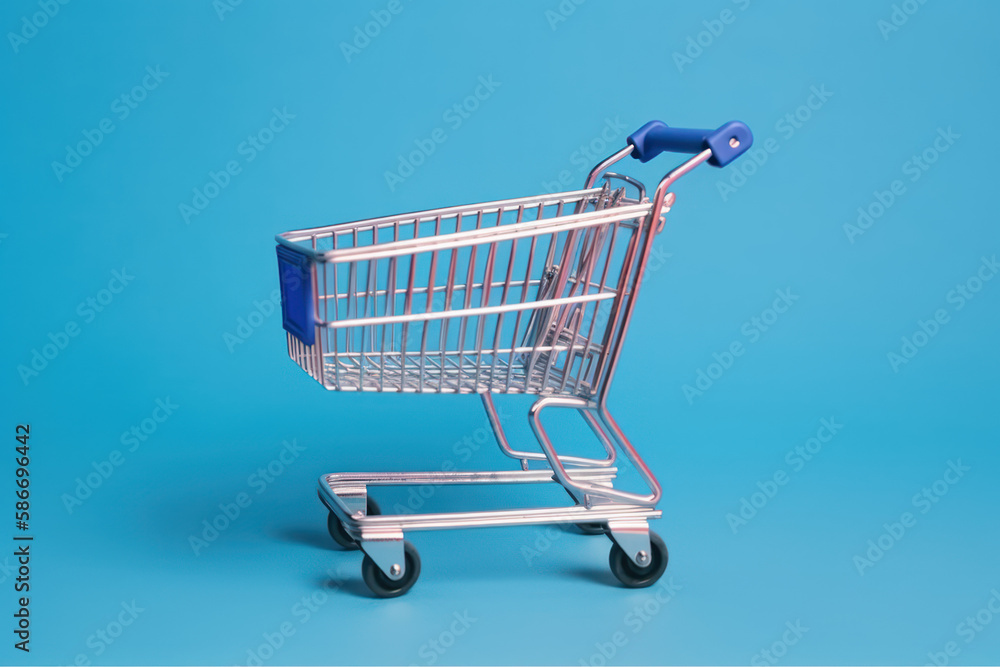 Caddie vide de supermarché à roulettes dans un fond de couleur uni bleu Caddie vide de supermarché à roulettes dans un fond de couleur uni bleu