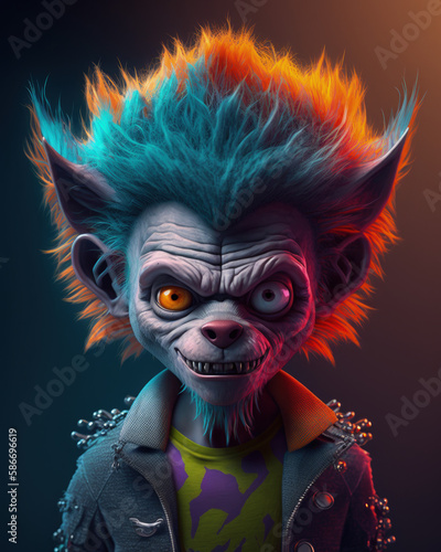 Illustrated portrait of a cute toy animated Halloween werewolf monster on a gradient background 