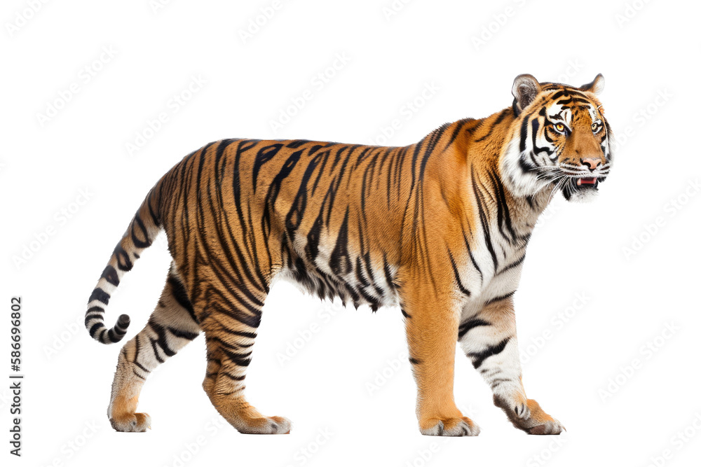 Fototapeta premium an isolated Bengal tiger walking side view, majestic, stalking prey, fierce jungle-themed photorealistic illustration on a transparent background in PNG. horizontal. Generative AI
