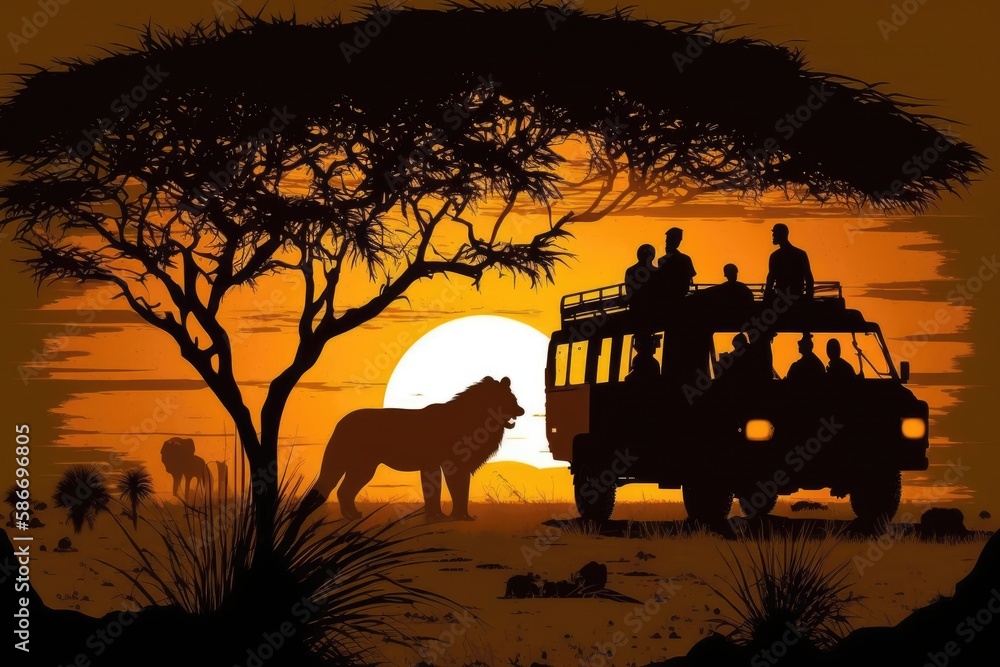 Silhouettes At Sunset Jeep Safari And Lion. Generative AI