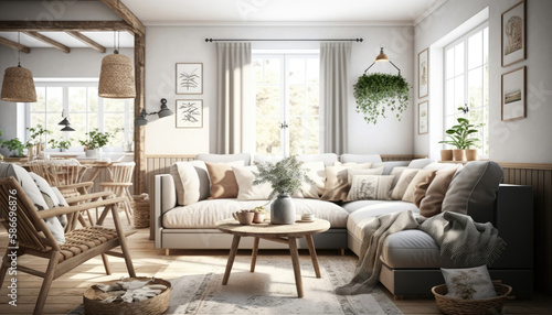 Scandinavian Rustic Style A Cozy Living Room With Warm Wood Accents And Neutral Colors The Walls Are Painted In A Pale Shade Of Grey. Generative AI © Ян Заболотний