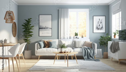 Scandinavian Style A Bright And Airy Living Room With Light Blue Walls And White Furniture Soft Grey Throw Pillows And A Cozy Area Rug Provide Texture. Generative AI © Ян Заболотний